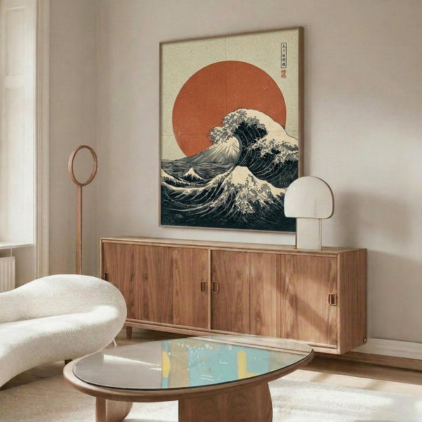May include: Japanese-inspired artwork featuring a large wave with white foam crests against a cream background and prominent orange-red sun, displayed in thin brown frame above wooden sideboard. Modern living room setting with curved white chair, oval glass coffee table, and minimalist decor including small table lamps.