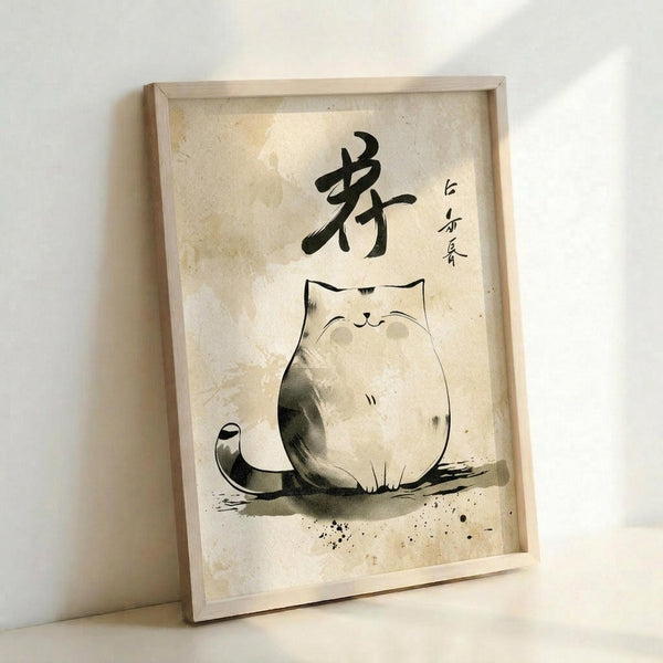 May include: Framed artwork leaning against white wall showing watercolor-style illustration of a plump, sitting cat in black and gray ink wash technique. Features Japanese calligraphy characters at top in bold black brushstrokes. Art has aged, textured paper appearance with subtle staining and speckles. Simple light wood frame surrounds the piece, casting soft shadow on wall.