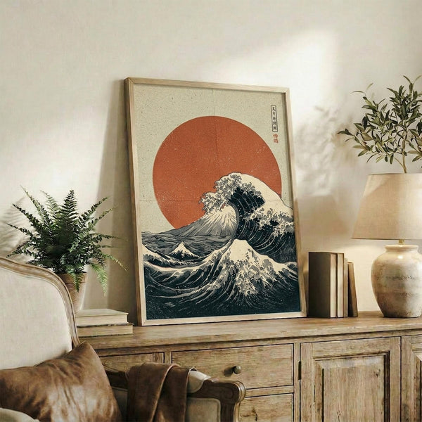 May include: Framed Japanese-style wave artwork with large orange-red sun behind dramatic blue and white crashing waves, displayed on rustic wooden sideboard alongside potted ferns, ceramic vases, and books in neutral-toned living room setting with beige chair and cream walls