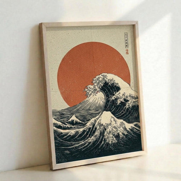 May include: Framed poster print leaning against white wall showing stylized ocean wave with white foam cresting toward large orange-red sun in background. Dark blue-green water dominates lower portion with dramatic wave formations. Japanese characters visible in upper right corner. Natural wood frame surrounds artwork on textured cream background. Print displays classic Japanese woodblock aesthetic with bold colors and flowing lines.