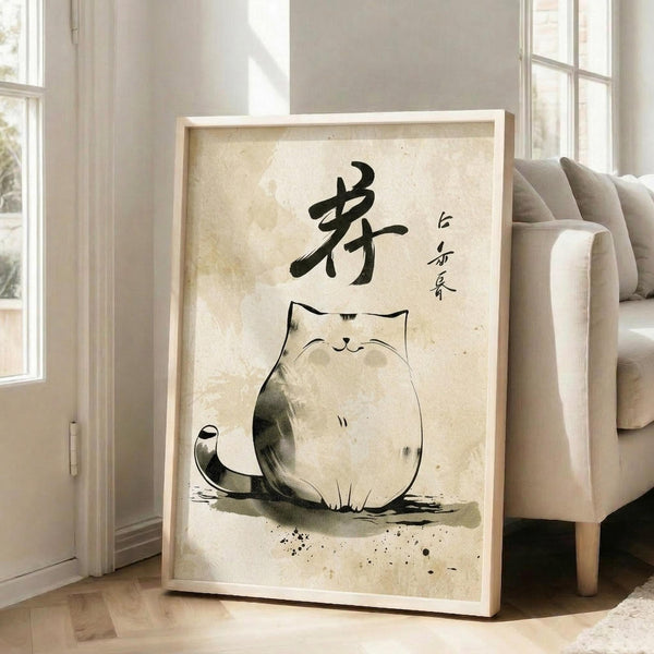May include: A framed poster featuring a minimalist ink wash painting of a chubby, contented cat sitting peacefully on aged beige paper with Japanese calligraphy characters above. The artwork displays muted earth tones with soft brushstroke textures and scattered ink spots. The light wooden frame leans against a white wall next to a beige upholstered chair in a bright, naturally-lit room with tall windows.