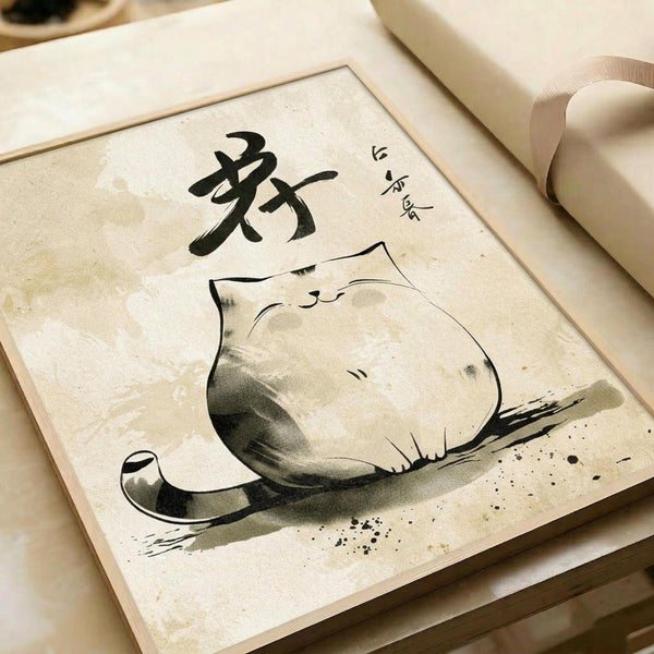 May include: Framed zen-style artwork featuring a minimalist black ink painting of a sleeping cat in traditional Japanese sumi-e brush stroke style on aged cream paper, with black calligraphy characters above, displayed on a light wooden surface next to rolled cream-colored papers