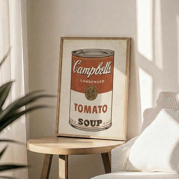 May include: Framed poster print of Campbell's condensed tomato soup can in Andy Warhol's iconic pop art style, displayed on a light wood round side table next to a beige upholstered chair. The artwork features a red and white soup can with black text against a cream background in a thin wooden frame. Soft natural lighting creates shadows across the neutral-toned room with white walls and plant leaves visible.