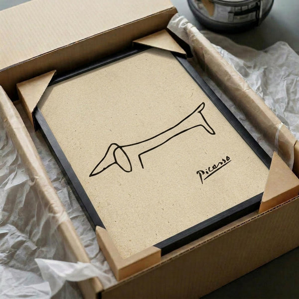 A minimalist line drawing of a dachshund in black ink on beige textured paper, signed "Picasso" in cursive script. The artwork is displayed in a black frame inside an open cardboard shipping box with protective tissue paper and wooden corner guards visible around the packaging.