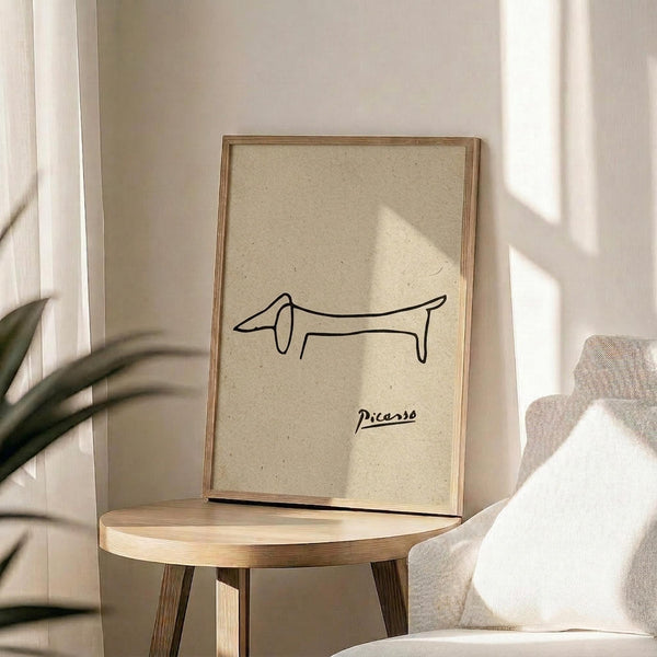 May include: Framed line drawing of a dachshund in simple black strokes on cream textured paper, displayed on a round wooden side table next to a beige upholstered chair. Natural sunlight streams across the minimalist room with white walls and a plant visible in the corner.