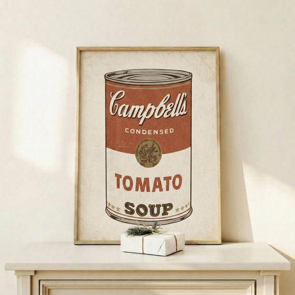 May include: Framed poster print of Campbell's condensed tomato soup can in red and white colors, displayed on light wood shelf against cream wall. Small white wrapped gift box with greenery sprig sits beside the natural wood frame. Vintage-style artwork shows classic soup can design with red top section, white bottom, and black lettering.