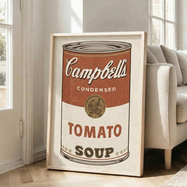 May include: Large framed poster of Campbell's condensed tomato soup can with red and white label, displayed in bright living room with beige sofa, white walls, and tall windows. The vintage-style artwork shows classic soup can design with script lettering and circular logo seal.