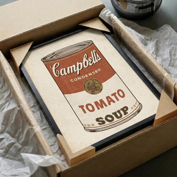 May include: Vintage-style Campbell's condensed tomato soup can poster print in warm red and cream colors, displayed in black frame inside cardboard shipping box with tissue paper and wooden dowels for protection. The retro artwork shows classic soup can design with script lettering and circular logo medallion.