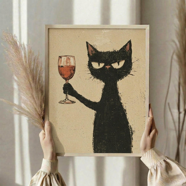 May include: Person in beige ruffled sleeve top holding framed artwork showing black cat with yellow eyes holding wine glass with red wine, standing by window with dried pampas grass, cream colored walls and natural lighting