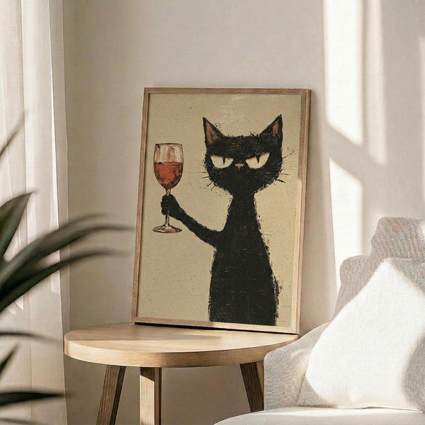 May include: Framed poster featuring a black cat with white eyes holding a wine glass filled with red wine, displayed on a round wooden side table next to a beige upholstered chair. Natural sunlight streams across the scene, illuminating the cream-colored wall and creating soft shadows. A potted plant with long green leaves appears in the corner. The artwork has a vintage, sketchy illustration style on a beige background within a thin wooden frame.