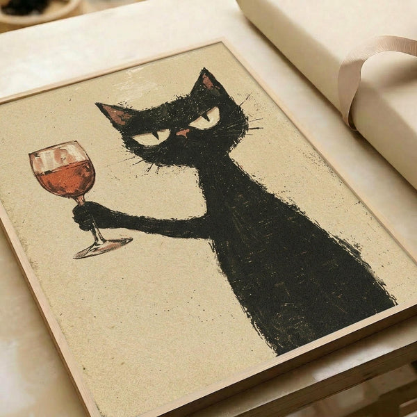 May include: Framed artwork showing a black cat with green eyes holding a wine glass filled with red wine, displayed on a white surface next to a white ribbon. The illustration has a vintage, textured appearance with rough brushstroke style on cream-colored paper, mounted in a simple light wood frame.