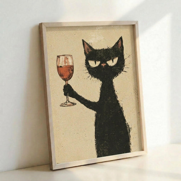 May include: Framed artwork leaning against white wall showing a black cat with yellow eyes holding a wine glass filled with red wine. The cat is illustrated in a sketchy, textured style with pink inner ears against a cream-colored background. The piece is displayed in a light wood frame and photographed at an angle showing depth and shadow.