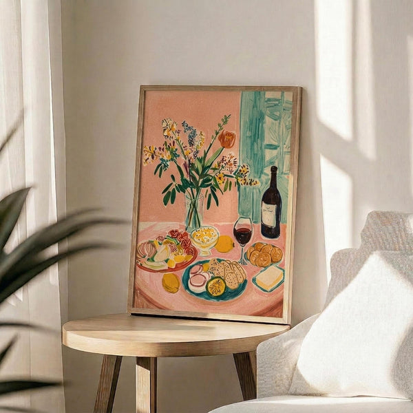 May include: Framed artwork displaying a colorful still life painting with wildflowers in a vase, wine bottle and glass, fruit, and crackers on a pink table against coral and turquoise background, shown leaning on a wooden round side table next to a beige upholstered chair in bright natural light