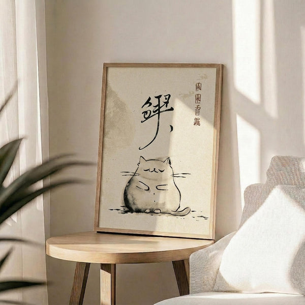 May include: Framed minimalist artwork featuring a sleeping gray cat drawn in Japanese ink wash style with black calligraphy characters above, displayed on a round wooden side table next to a beige upholstered chair with white throw pillow, green plant leaves visible in corner, natural sunlight creating soft shadows on neutral walls
