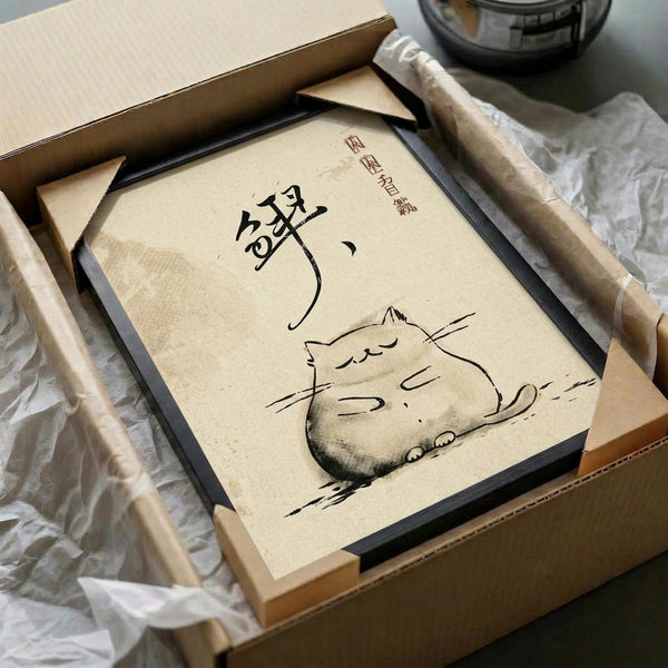 May include: Japanese-style ink wash painting of a sleeping cat in black brushstrokes on cream-colored paper, displayed in a dark wooden frame inside a brown cardboard box with tissue paper packaging. Chinese characters appear in the upper portion. Wooden dowel rods visible alongside the framed artwork.