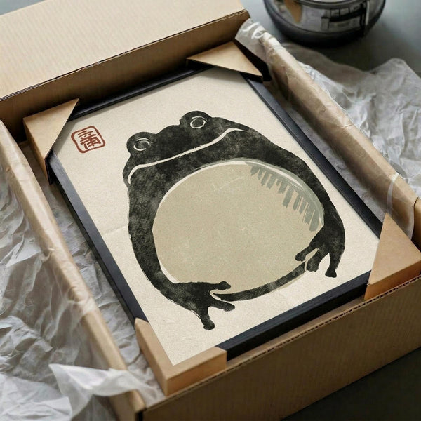 May include: Black and white Japanese woodblock-style print of a plump frog sitting in a circular pose, displayed in a black frame within cardboard packaging. The artwork features traditional brushstroke textures and includes a red square seal stamp in the corner. Wooden frame pieces and white tissue paper are visible around the packaged print.