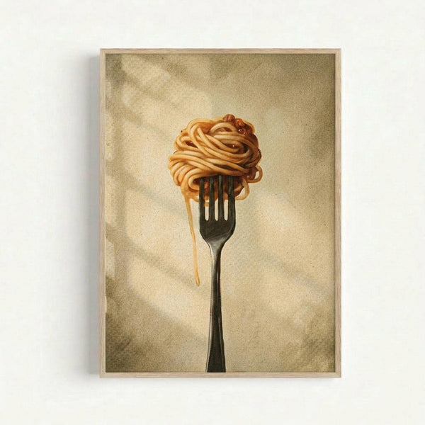 A framed vintage-style print showing a metal fork with golden spaghetti noodles twirled around its tines, creating an elegant spiral. A single strand dangles down from the pasta. The artwork has warm sepia and cream tones with a textured, aged appearance reminiscent of classical still life paintings. The piece is displayed in a simple light wood frame against a white wall.
