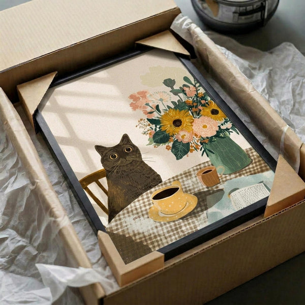 May include: Framed art print in black frame being unwrapped from cardboard shipping box with protective paper. Illustration shows dark gray tabby cat sitting on wooden chair at checkered tablecloth table with yellow coffee cup, sunflowers and colorful wildflowers in green vase. Warm cream background with soft window light shadows. Cottage core style artwork with muted yellows, greens, and earth tones.