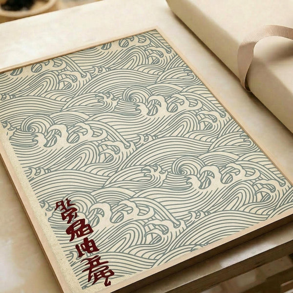 Traditional Japanese-inspired wave pattern in sage green lines on cream background, featuring flowing ocean waves with foam crests in repeating design. Red Japanese characters appear in bottom left corner. The artwork is displayed flat on white paper with neutral ribbon visible, showing fine linear details and organic curved motifs throughout the composition.