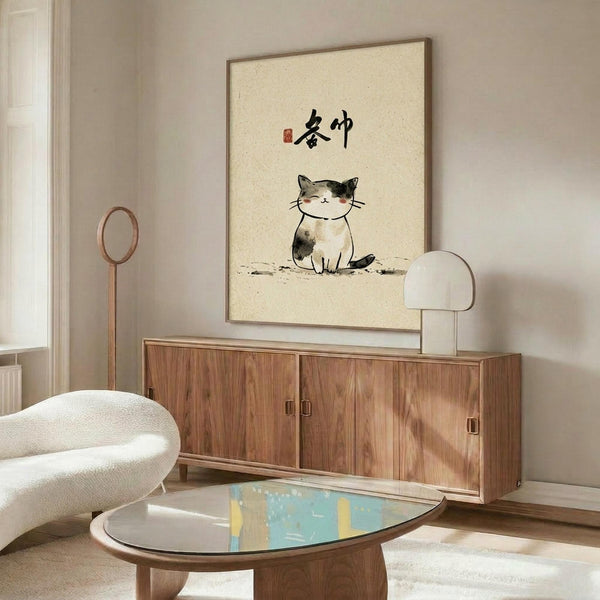 May include: Framed poster with cream background featuring a cute calico cat with black and white patches sitting contentedly with closed smiling eyes, accompanied by black Japanese calligraphy characters and small red seal stamp. Artwork is displayed above a mid-century modern walnut credenza with brass hardware in a minimalist living room setting with white curved chair, glass-top oval coffee table, and neutral decor.