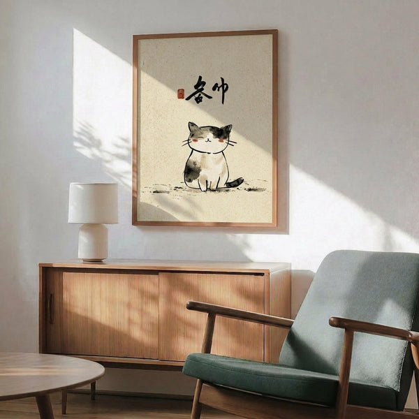 May include: Framed poster featuring a sitting calico cat with black, white and tan markings in watercolor style, with Japanese calligraphy characters above on cream textured paper. Wooden frame hangs on white wall above mid-century modern walnut credenza with white ceramic lamp. Sage green upholstered armchair with wooden arms sits nearby, natural sunlight creates geometric shadows across the minimalist room setting.
