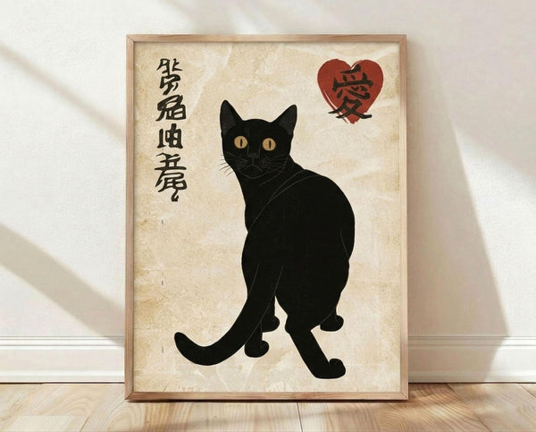 May include: Framed poster print featuring a black cat silhouette with golden eyes sitting upright against a cream textured background. Vertical Japanese kanji characters appear on the left side, with a red heart containing a black kanji character in the upper right. The artwork is displayed in a light wood frame, leaning against a white wall on wooden flooring with soft natural lighting creating shadows.