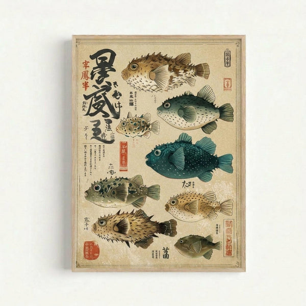 Vintage-style Japanese scientific illustration featuring eight detailed pufferfish specimens in various colors including brown, teal, green, and cream. The fish are arranged on aged beige paper with traditional Japanese calligraphy and red seals. Each pufferfish shows distinctive spotted, striped, or solid patterns with prominent eyes and fins. The artwork is displayed in a light wooden frame against a white wall, showing the natural history poster's educational layout with accompanying Japanese