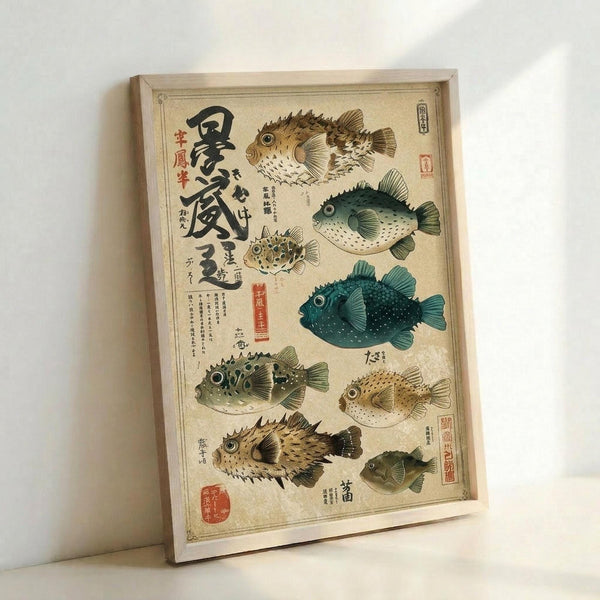 May include: Framed vintage-style Japanese scientific illustration showing eight different pufferfish species in various colors including brown, green, and teal against cream background. Features traditional Japanese calligraphy and red seal stamps. Light wood frame leaning against white wall, casting subtle shadow.