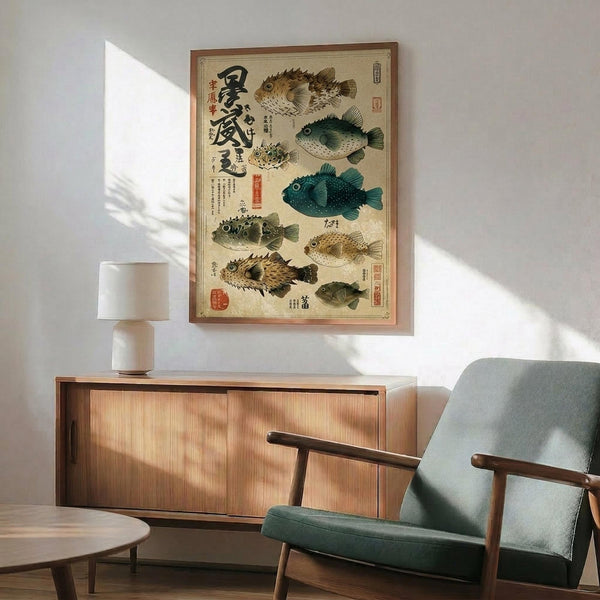 May include: Vintage-style Japanese scientific illustration featuring various pufferfish species in browns, greens, and blues with traditional calligraphy text, displayed in wooden frame above mid-century modern credenza with ceramic table lamp and gray upholstered armchair in sunlit room with white walls.