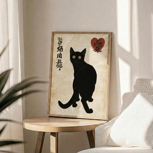 May include: Framed poster print featuring a black cat with yellow eyes sitting upright on cream-colored paper background, with vertical Japanese kanji characters on the left side and a red heart containing a kanji character in the upper right corner. The wooden-framed artwork sits on a light wood round side table next to a beige upholstered chair, with a potted plant visible in soft natural lighting.