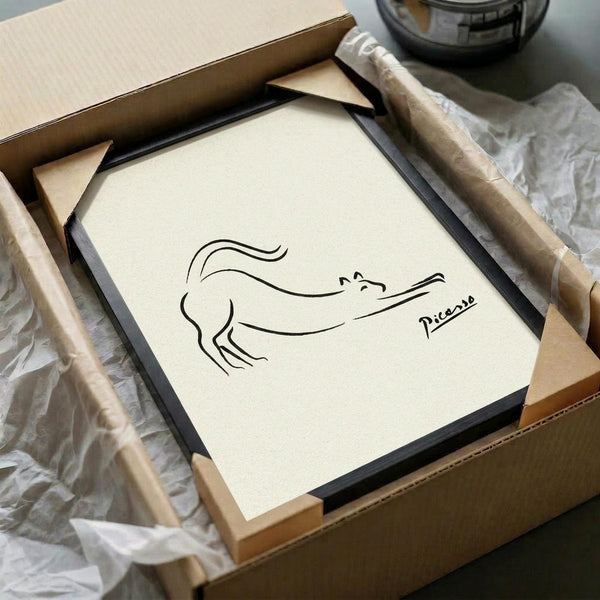 May include: Minimalist line drawing of a cat in black ink on cream paper, signed "Picasso" in the style of the famous artist. The framed artwork sits in an open cardboard shipping box with protective tissue paper, surrounded by wooden dowels or poster tubes on a white surface.