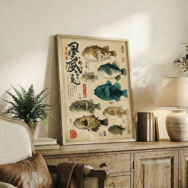 May include: Vintage-style Japanese scientific chart displaying various pufferfish species in different colors including brown, green, and blue tones with Japanese text and red stamps. Framed artwork sits on rustic wooden console alongside fern plant, books, and ceramic vase in neutral-toned living room setting.