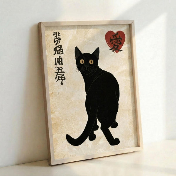 May include: Framed artwork leaning against white wall showing black cat silhouette with yellow eyes on aged cream background, Japanese kanji characters on left side, red heart with black kanji character in upper right corner, displayed in light wood frame on white surface