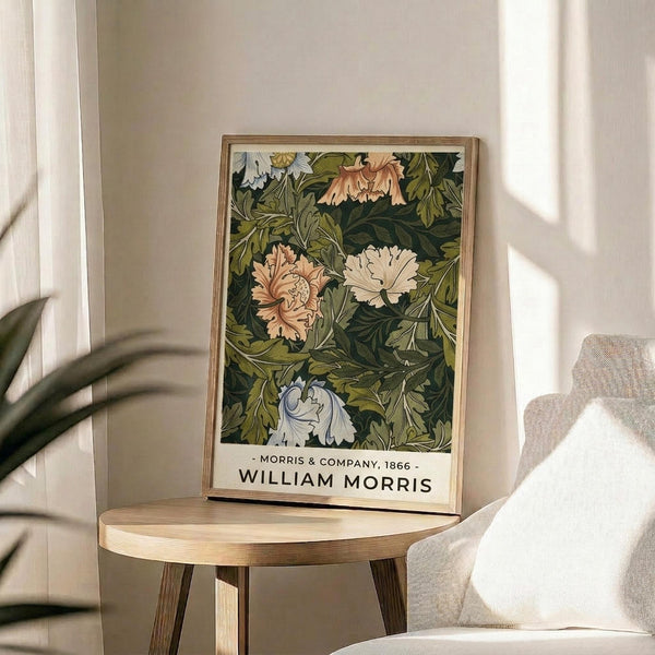 May include: Framed botanical art print displayed on round wooden side table next to beige upholstered chair. Print features vintage floral pattern with coral, white and blue blooms among dense green foliage in decorative Arts and Crafts style. Natural wood frame complements warm sunlit room with neutral walls and plant shadows visible.