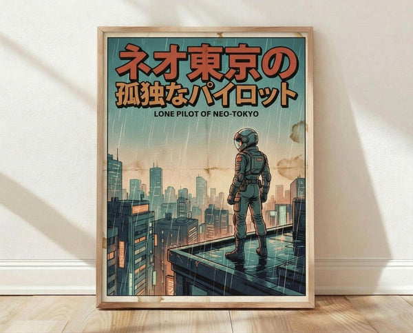 May include: Framed poster print leaning against white wall on wooden floor. Artwork shows figure in space suit standing on rooftop overlooking futuristic city skyline with tall buildings. Scene depicts rainy atmosphere with muted teal, orange, and brown color palette in vintage illustration style. Japanese text at top with English subtitle below. Natural wood frame surrounds the print.