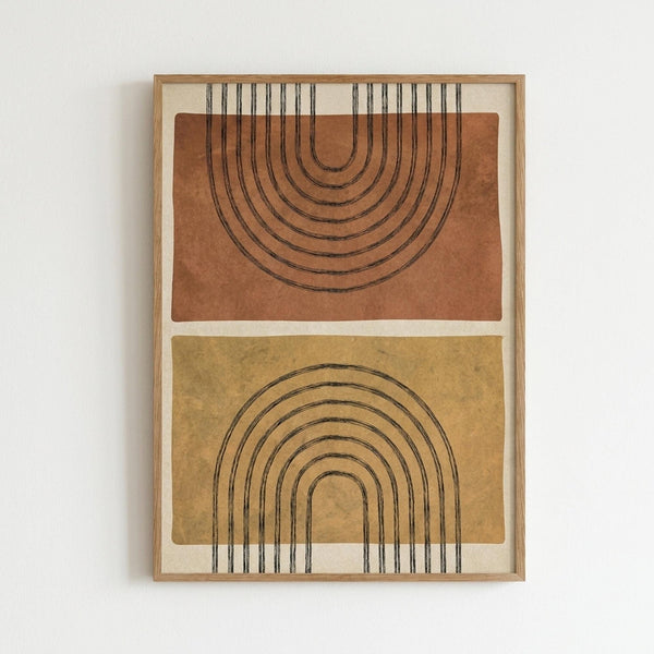 May include: Framed abstract art print featuring two curved arch designs in warm terracotta orange and golden mustard yellow rectangular sections. The arches have concentric black line patterns - the top arch curves downward while the bottom curves upward. Light wood frame against white wall in minimalist interior setting.