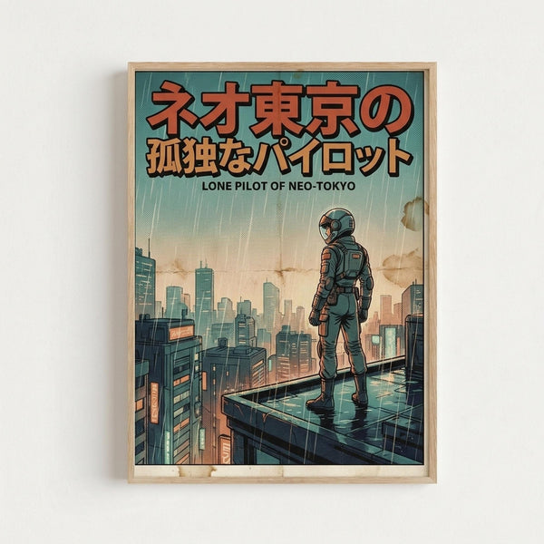 Framed poster featuring a lone astronaut in a metallic suit standing on a rooftop overlooking a futuristic cyberpunk cityscape. The scene shows towering buildings and skyscrapers under a stormy sky with heavy rain. Japanese text appears at the top in orange letters, with "LONE PILOT OF NEO-TOKYO" in English below. The artwork uses a retro sci-fi aesthetic with teal, orange, and muted green tones. Light wood frame against white wall.