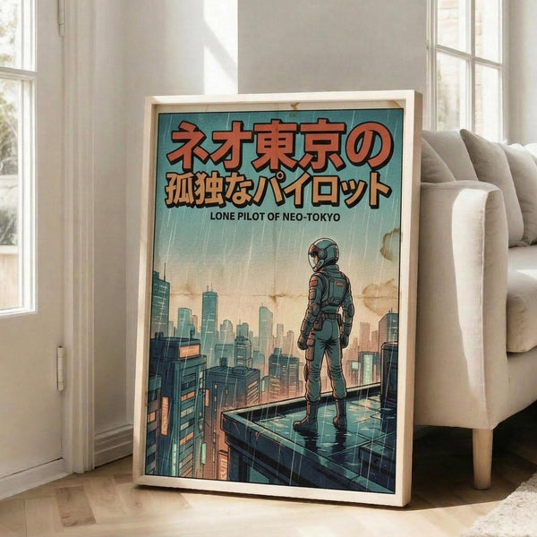 May include: Framed poster displayed in bright living room with beige sofa and large windows. Artwork shows futuristic pilot in spacesuit standing on rooftop overlooking cyberpunk cityscape with tall buildings. Japanese text at top, teal and orange color scheme with rainy atmosphere. Light wood frame leaning against white wall on hardwood floor.