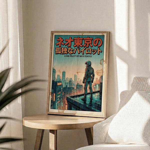 May include: Framed poster print displayed on round wooden side table next to beige upholstered chair. Artwork shows futuristic pilot figure in helmet and suit standing on rooftop overlooking cyberpunk cityscape with tall buildings. Japanese text at top, English subtitle below. Teal and orange color scheme with rain effect. Natural lighting creates shadows across white wall background, with plant leaves visible in corner.