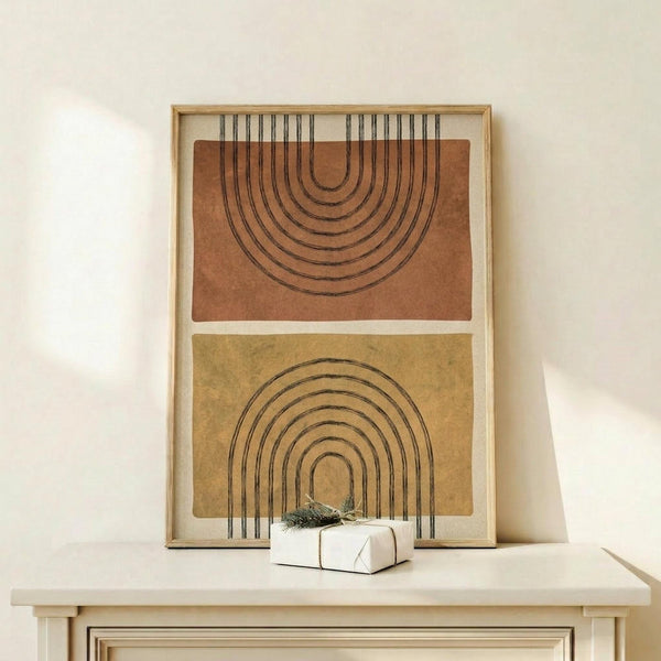 May include: A framed abstract art print featuring two arched rainbow shapes in terracotta orange and mustard yellow tones with black line details, displayed on a light wood console table next to a small wrapped gift with greenery. The artwork is set in a natural wood frame against a cream colored wall in minimalist home decor styling.