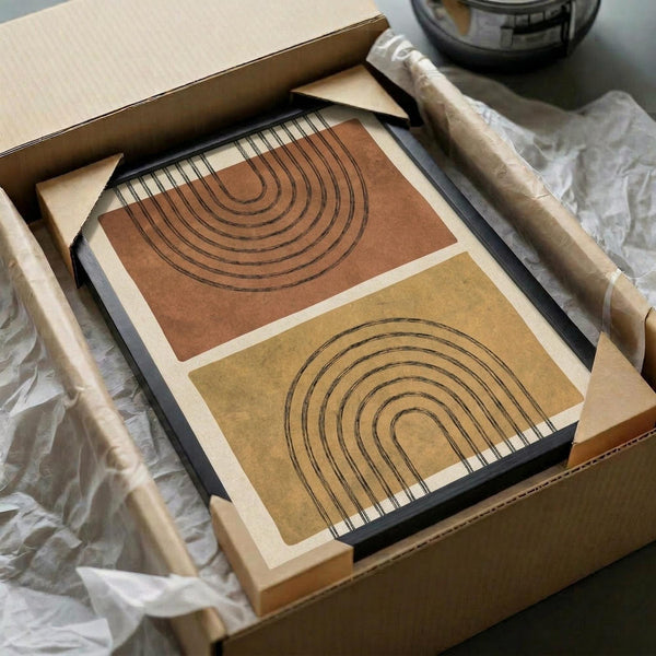 Framed abstract art prints featuring minimalist arch designs in terracotta brown and mustard yellow tones with black line work, displayed in black frames inside kraft paper packaging with wooden dowels and tissue paper surrounding the unboxed items.
