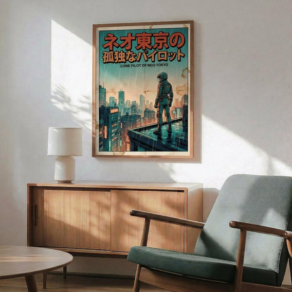 May include: Framed poster showing a lone figure in space suit standing on futuristic building rooftop overlooking neon-lit cyberpunk cityscape in teal and orange tones. Displayed above mid-century modern wooden credenza with white ceramic lamp, next to sage green upholstered armchair with wooden frame in bright, naturally lit room with white walls.