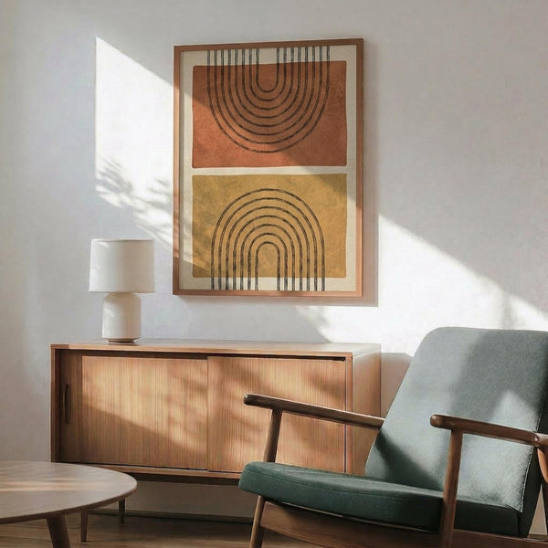 May include: Framed artwork with two abstract arches in terracotta and mustard yellow tones hanging above a wooden credenza. Modern living room setting features a sage green mid-century armchair, white ceramic table lamp, and round coffee table. Warm sunlight streams across white walls creating dramatic shadows.