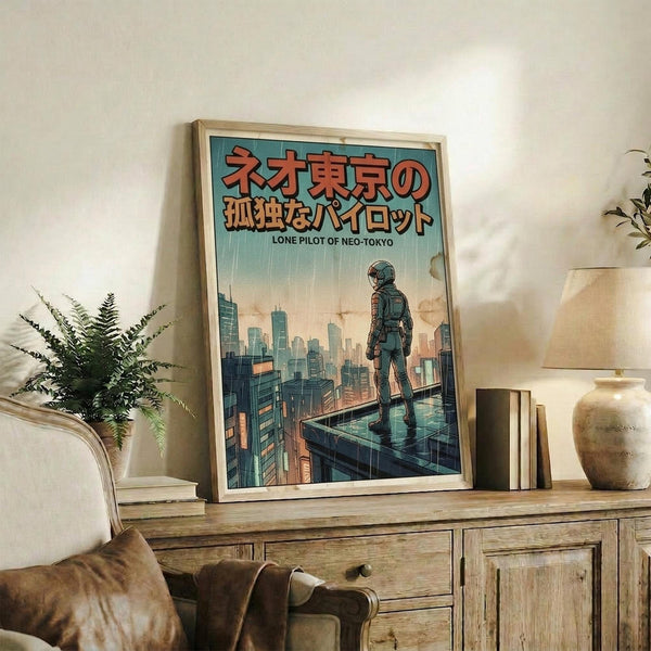 May include: Framed poster showing a futuristic pilot in armor standing on a rooftop overlooking a sprawling cyberpunk cityscape with tall buildings and teal-orange sky. The artwork features Japanese text at the top and "LONE PILOT OF NEO-TOKYO" subtitle. Light wood frame rests on rustic wooden sideboard next to potted fern, books, ceramic vase, and brown leather chair in cozy living room setting with white walls.