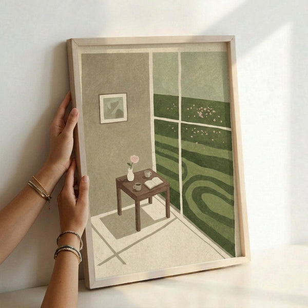May include: Hands holding a framed art print showing an illustrated interior room scene with rolling green hills visible through a large window, a small wooden table with a vase, book and cup, and a small framed artwork on the neutral-toned wall. The print features muted earth tones and soft greens in a minimalist, contemporary illustration style within a light wood frame.