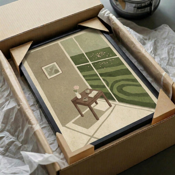 May include: Framed artwork in shipping box with protective wrapping and cardboard tubes. The print shows an interior scene with a wooden desk holding books and a small vase with pink flower, positioned near a large window overlooking rolling green hills with scattered trees. The illustration uses muted earth tones and green hues in a minimalist, geometric style with clean lines and simplified forms.