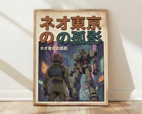 May include: Framed poster print leaning against white wall on light wood flooring. Artwork shows soldier in military gear standing beside large mech robot in rainy cyberpunk cityscape with neon-lit buildings. Japanese text at top in brown and teal colors against cream background. Natural wood frame with visible grain texture.
