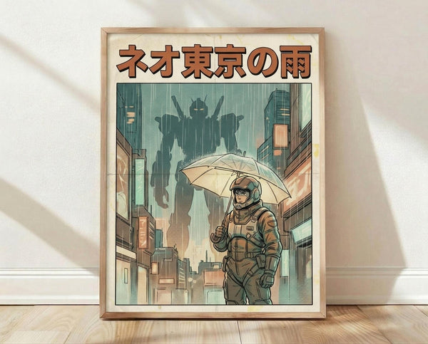 May include: Framed poster art displayed against white wall on wooden floor. Artwork shows person in tan spacesuit holding umbrella walking through rainy futuristic city street. Giant dark mech robot silhouette looms in background between tall buildings. Anime-inspired illustration with muted greens, browns, and orange tones. Japanese text at top in brown letters. Light wood frame, realistic room mockup with natural lighting and shadows.