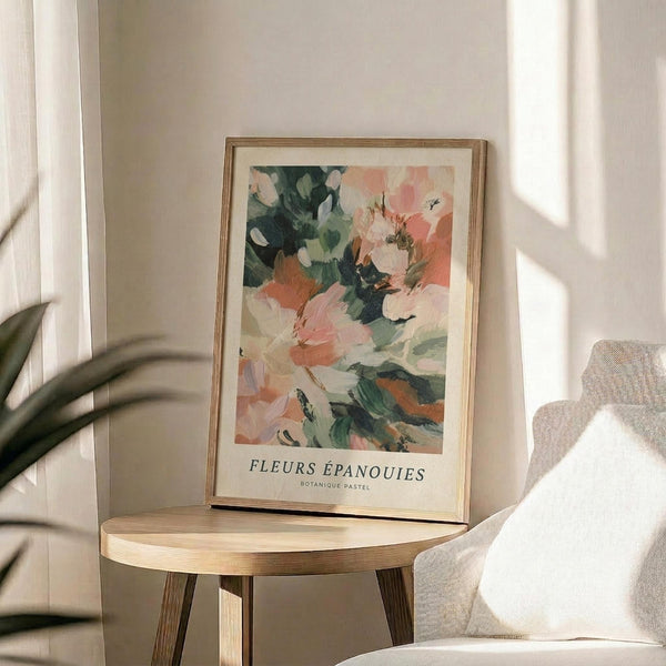 May include: Framed botanical art print featuring abstract painted flowers in soft pink, coral, green and white tones displayed on round wooden side table next to beige upholstered chair. Natural sunlight creates shadows on white wall behind the artwork, with palm plant leaves visible in corner of minimalist living room setting.