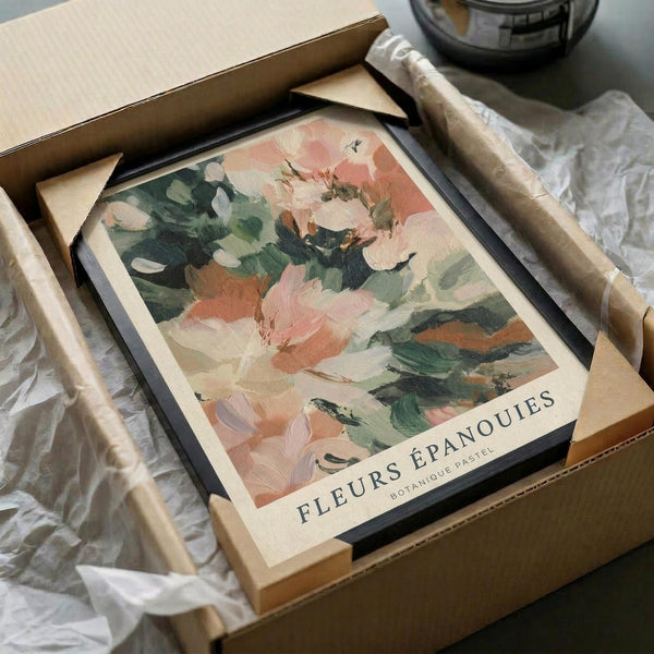 May include: Framed botanical art print featuring soft pink and coral flowers with green foliage in impressionistic brushstroke style, displayed in black frame within cardboard shipping box surrounded by white tissue paper and brown paper roll packaging materials on white surface